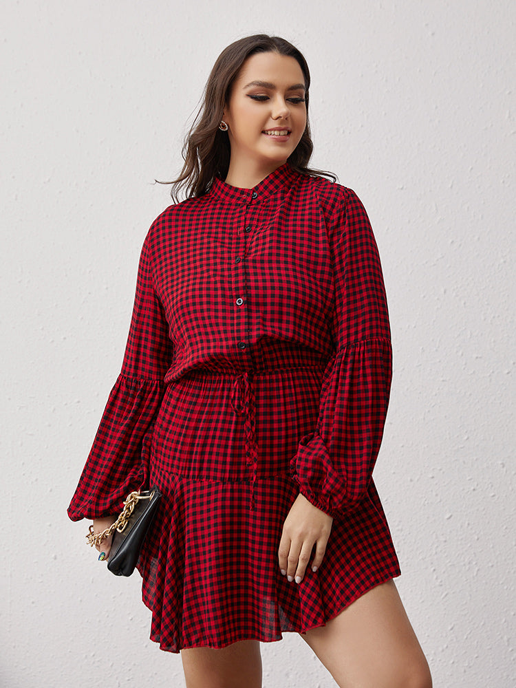 Gingham Button Lantern Sleeve Dress