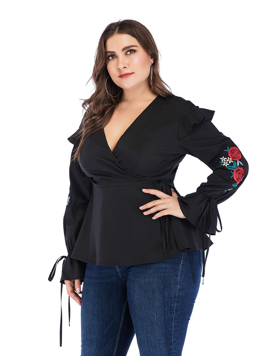 Embroidery Ruffle Sleeve Wrap Blouse