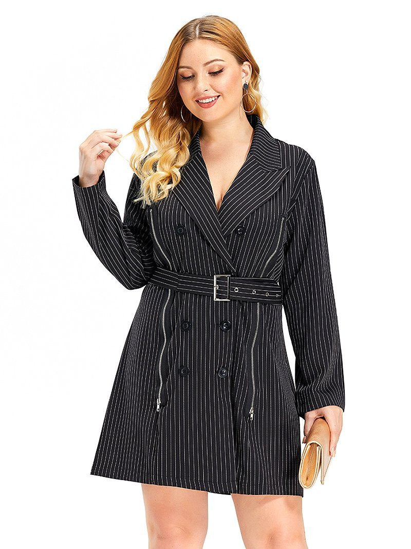 Stripe Zipper Detail Belt Trench Coat