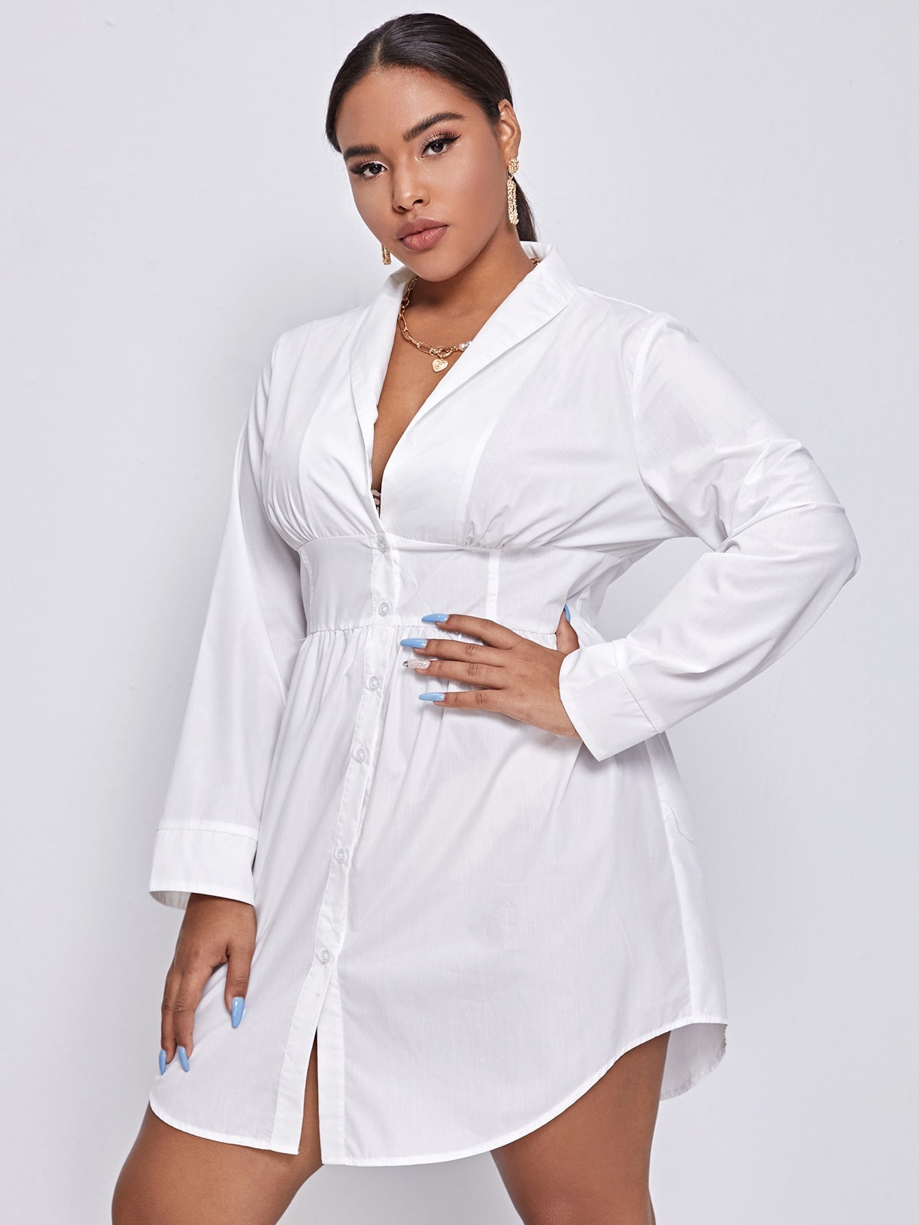 Shawl Collar Curved Hem Shirt Dress