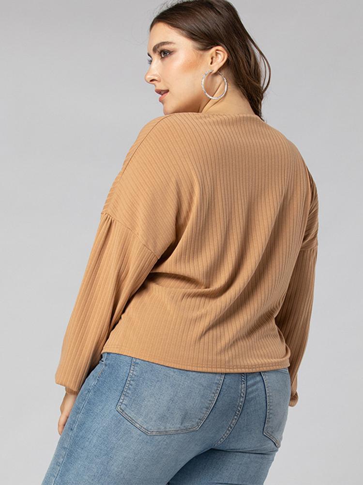 Rib-Knit Wrap Solid Color Casual Top