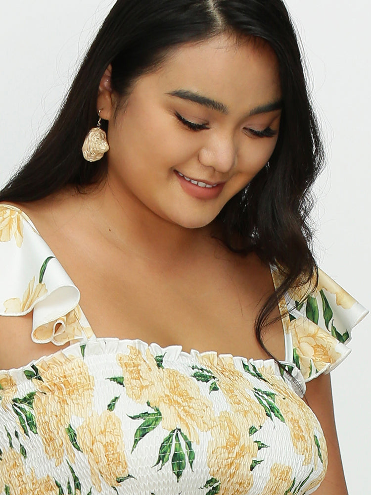 Floral Ruffle Shoulder Split Hem Dress