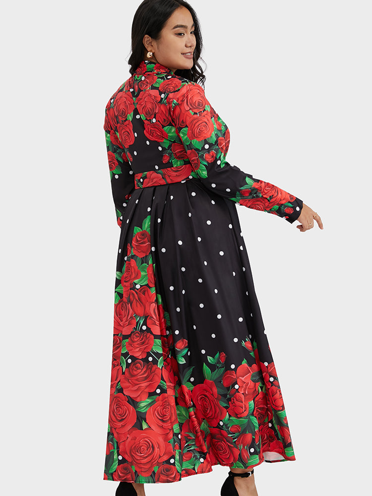Floral Belted Lapel Collar Dress