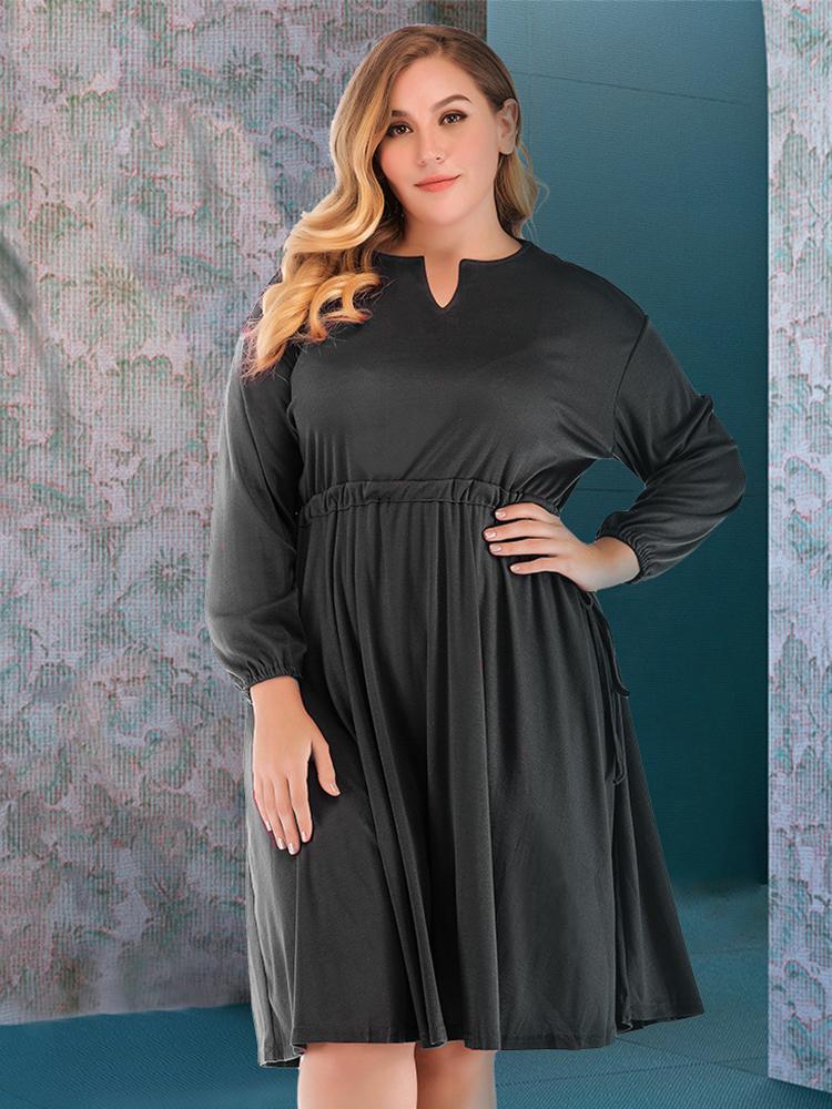 Solid Color V-neck Long Sleeve Midi Dress