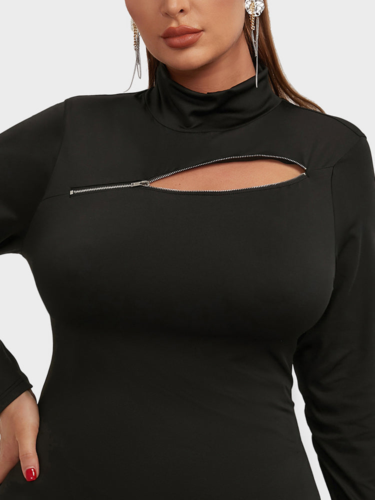 Mock Neck Zipper Split Bodycon Dress