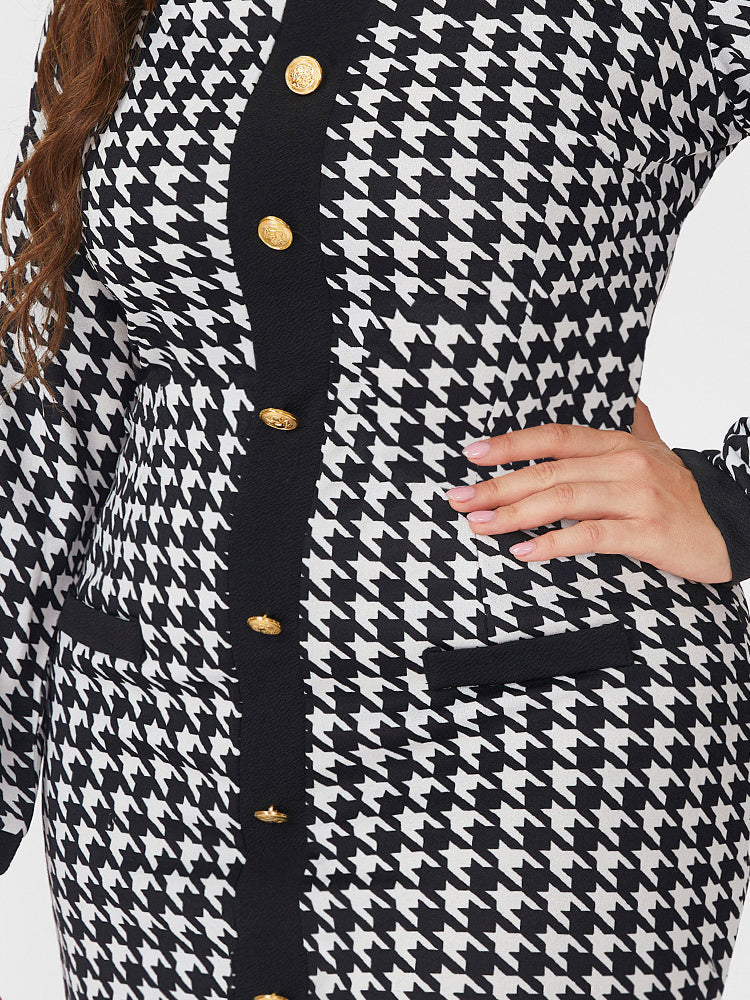 Houndstooth Print Button Dress