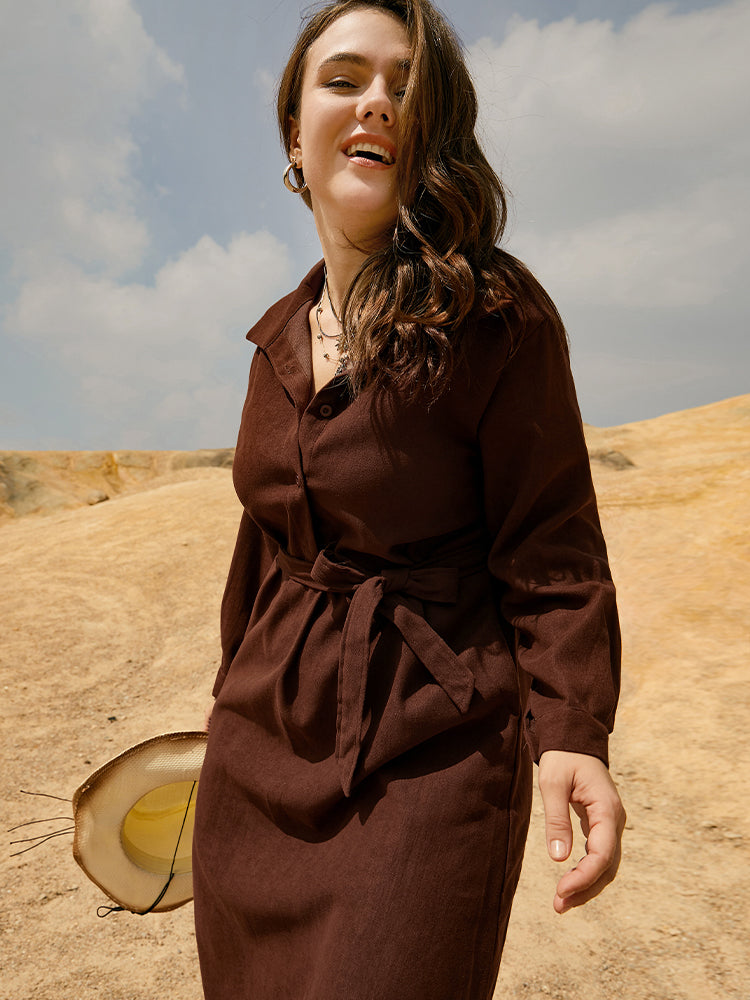 Solid Color Belted Pocket Shirt Dress