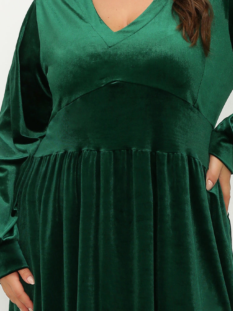 Long Sleeve Pleated V-neck Dress