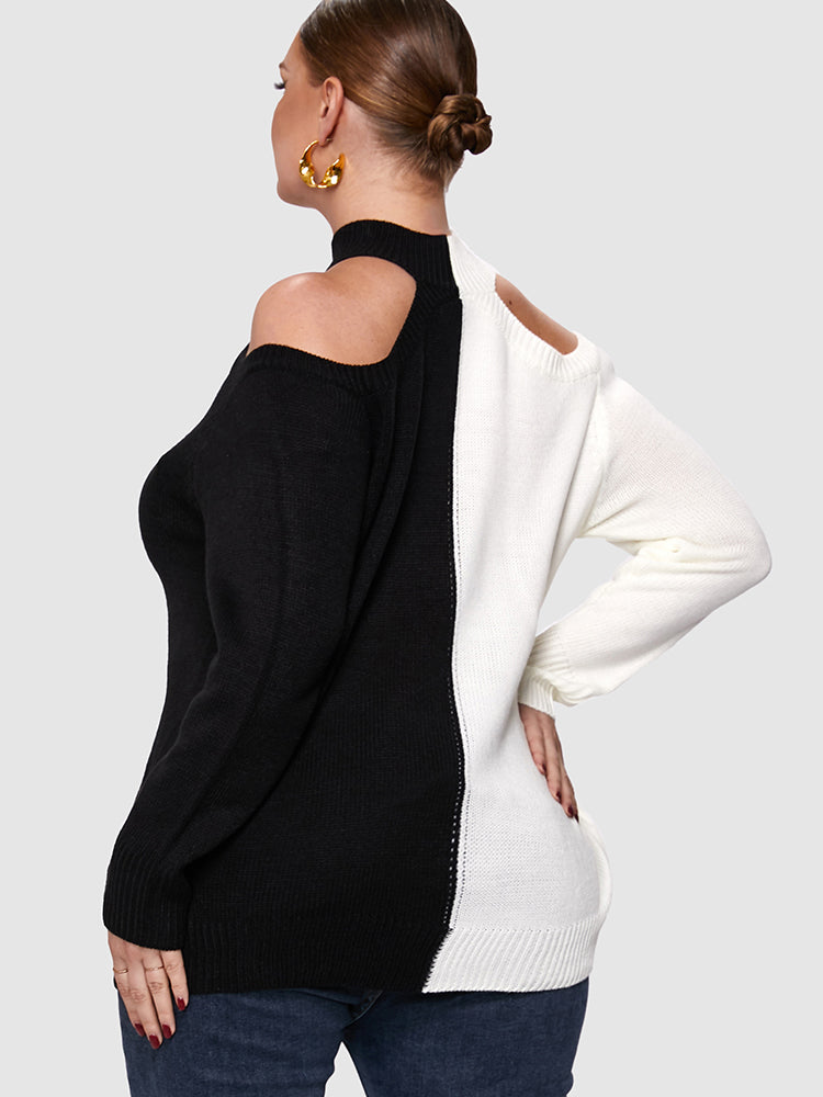 Colorblock Cut Out Shoulder Sweater