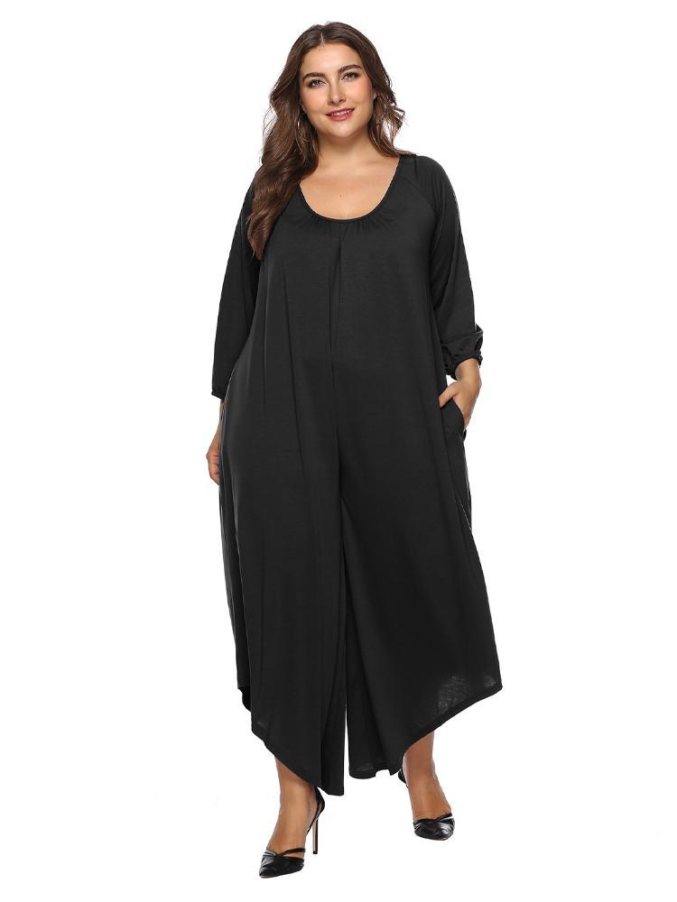 Solid Color Round Neck Loose Jumpsuit