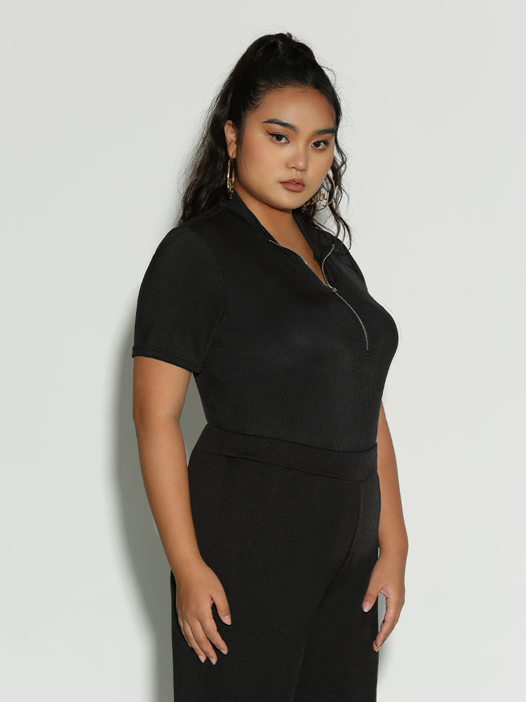 Lapel Collar Zipper Top