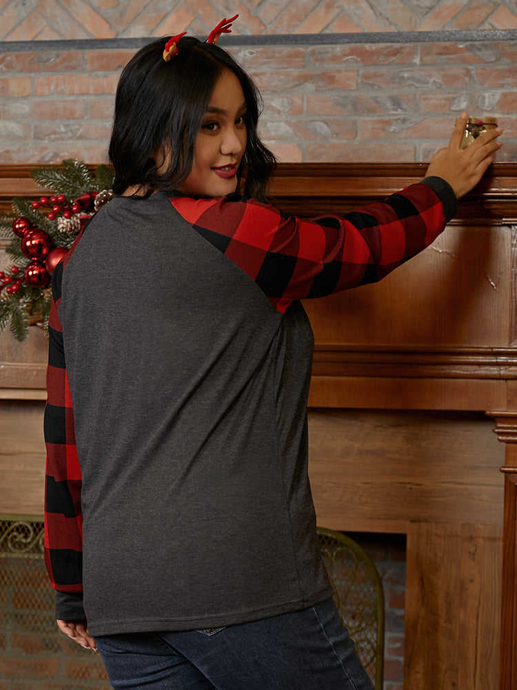 Christmas Letter Print Plaid T-shirt