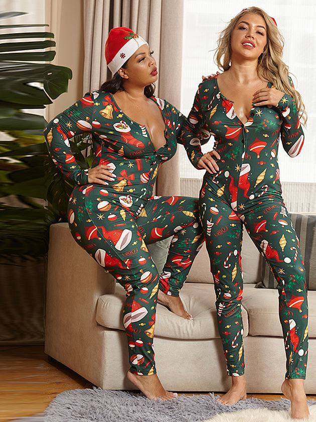 Christmas Printed V-neck Slim Fit Jumpsuit
