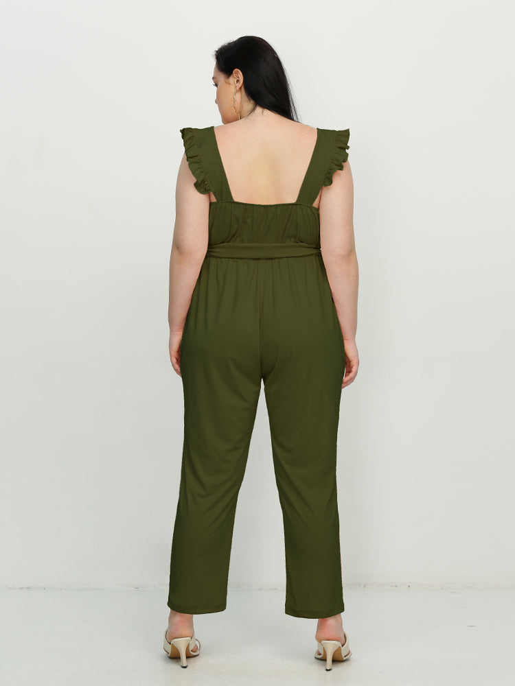 Belted Bowknot Frill Trim Jumpsuit