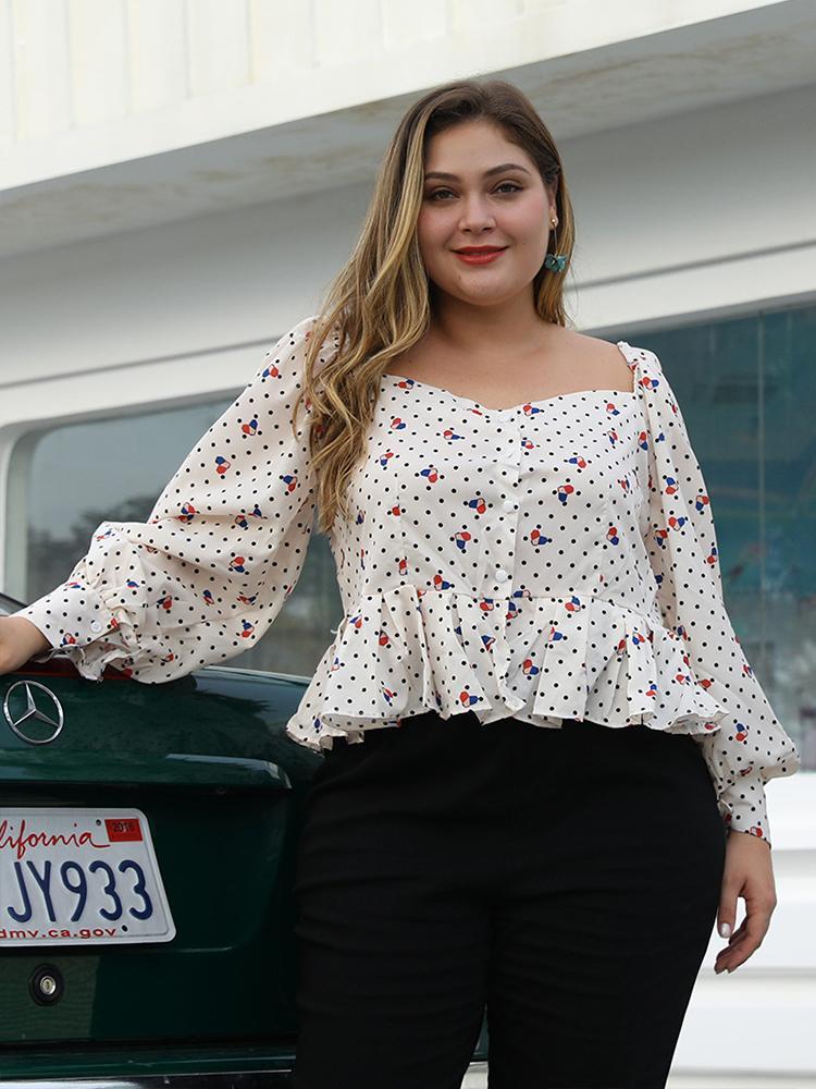 Polka Dot Lantern Sleeve Blouse