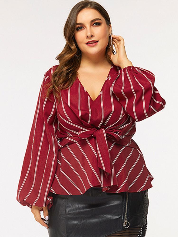 Striped Knot V-neck Lantern Sleeve Blouse