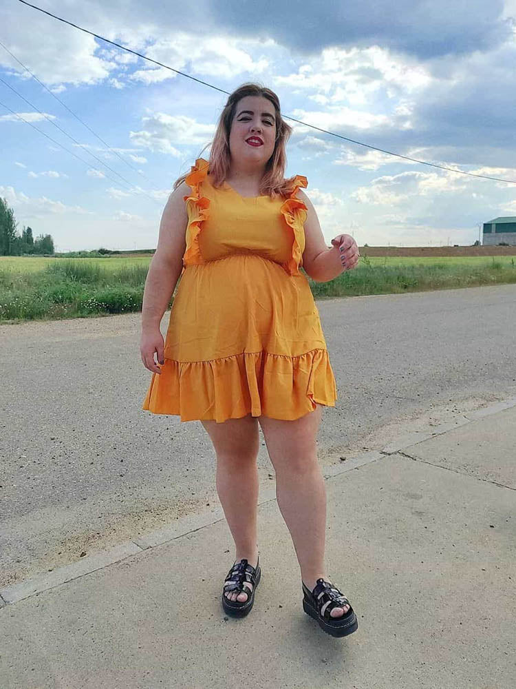 Button V-Neck Ruffle Dress