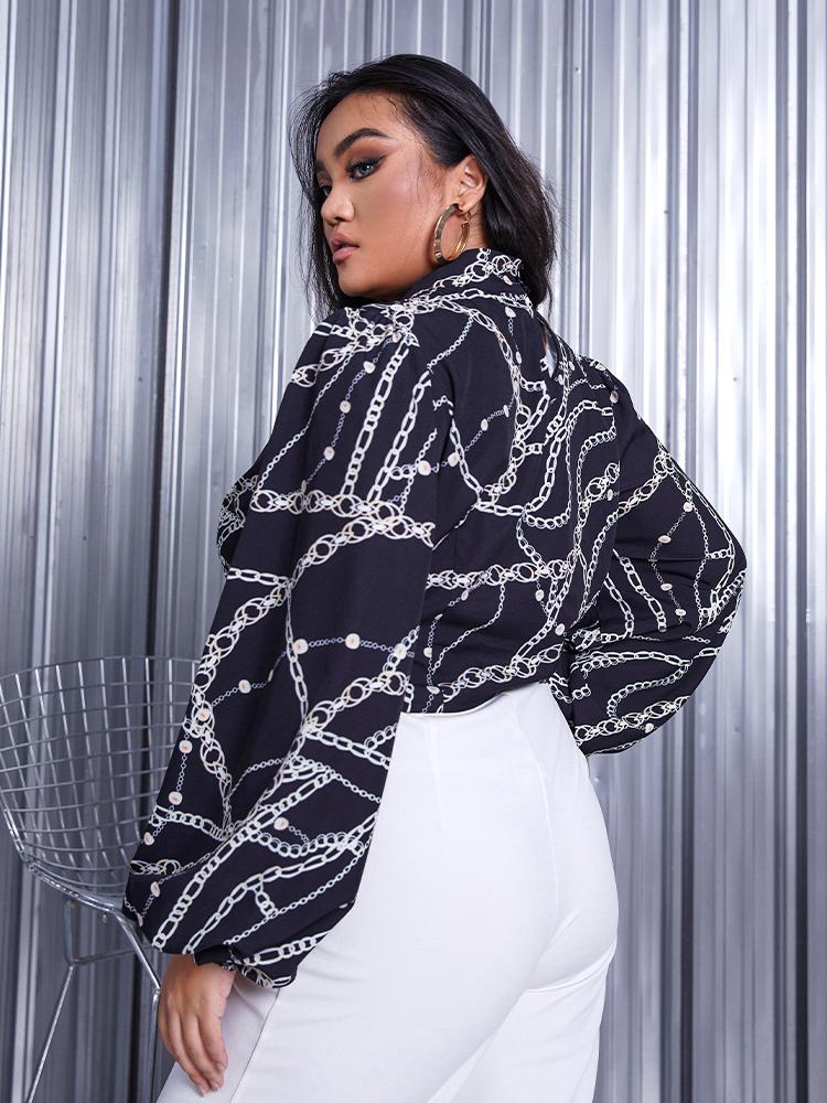 Chain Print Lantern Sleeve Keyhole Blouse