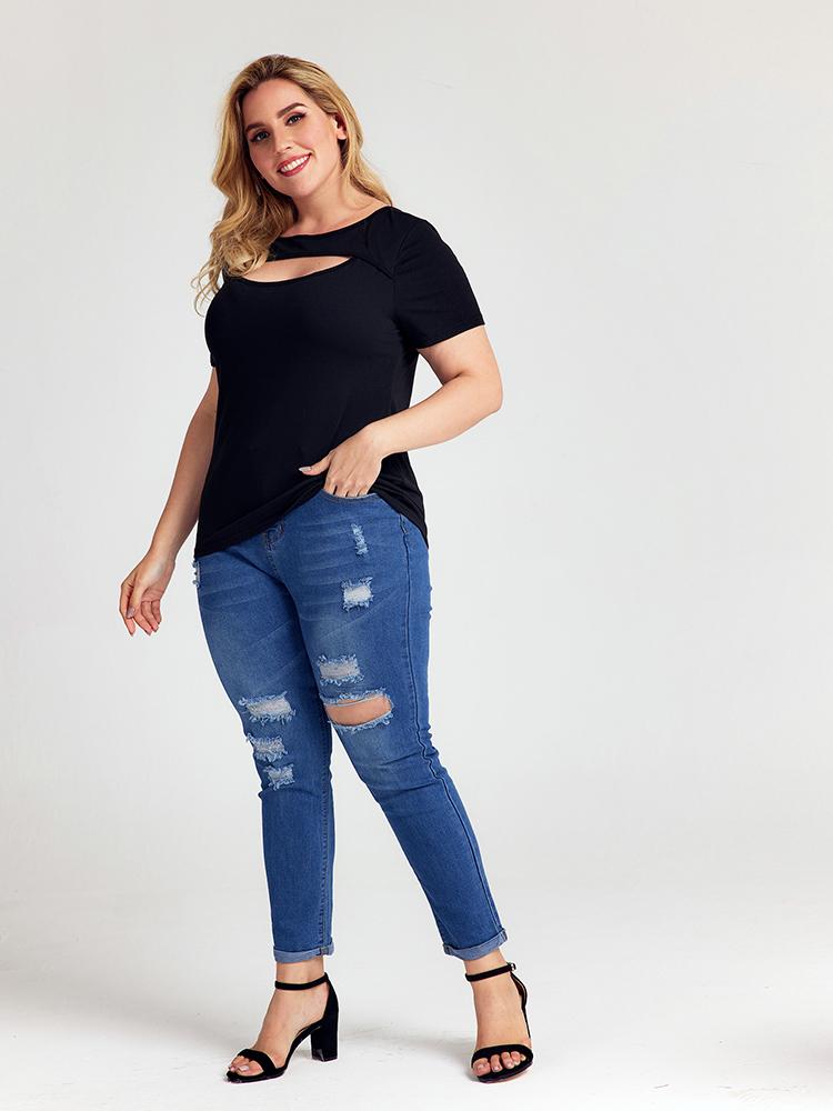 Cut out Round-neck Tops