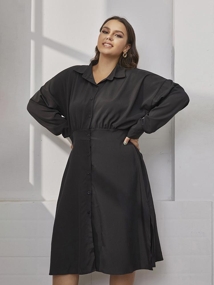 Solid Button Split Shirt Dress