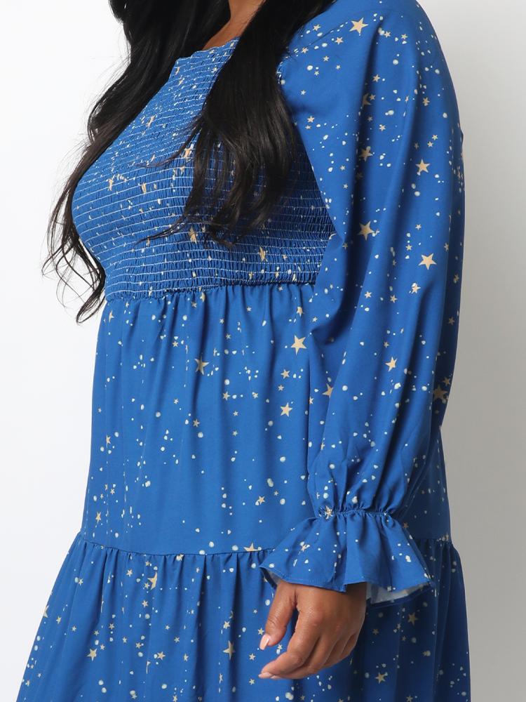 Star Printed Shirred Square Neck Dress