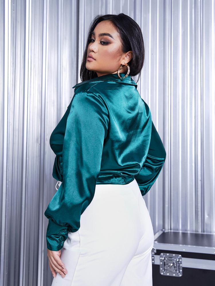 Twisted Front Lapel Collar Crop Blouse