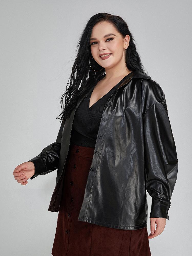 Button Lapel Collar Drop Shoulder Blouse