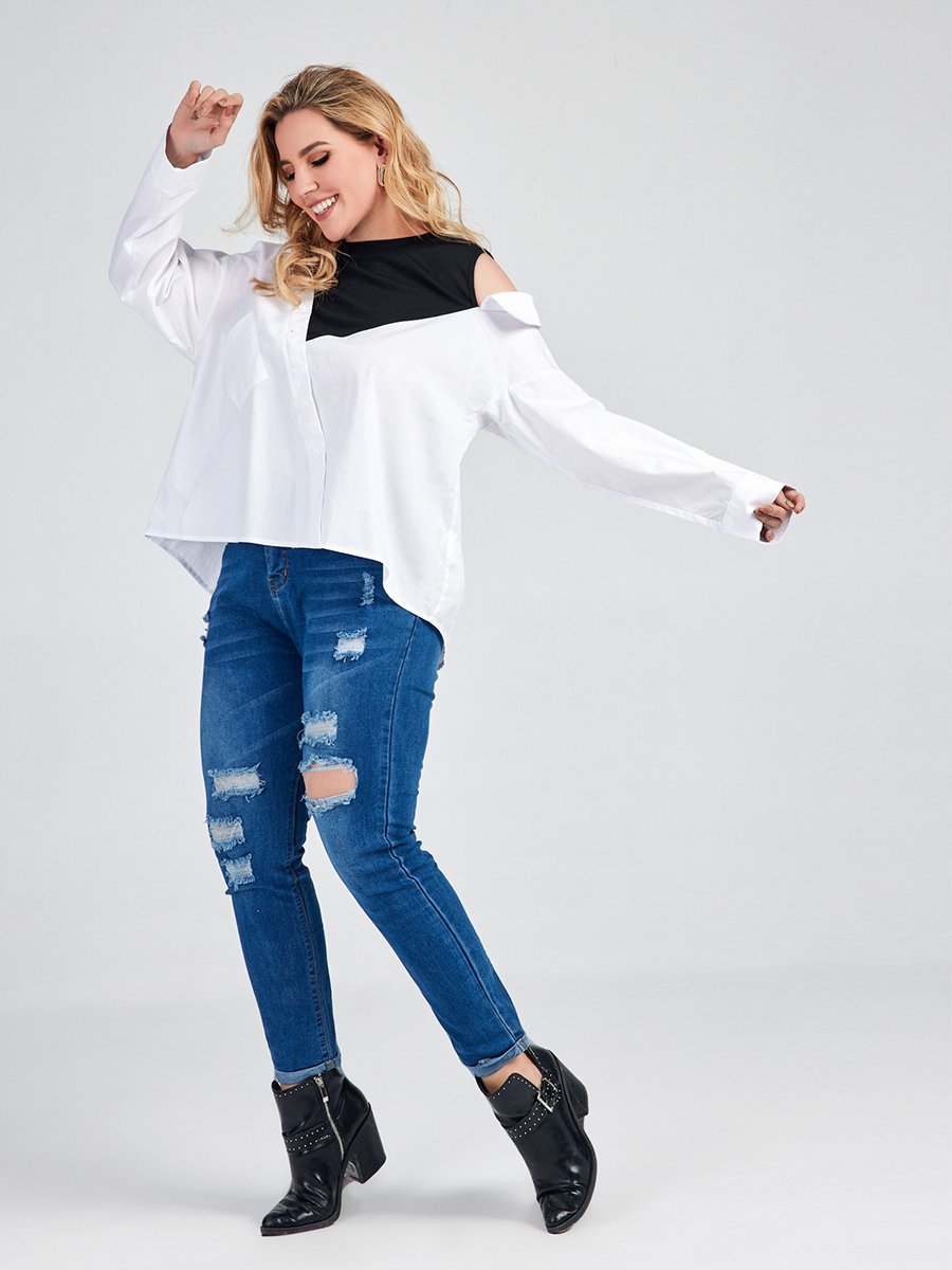 Patchwork Cold Shoulder Blouse