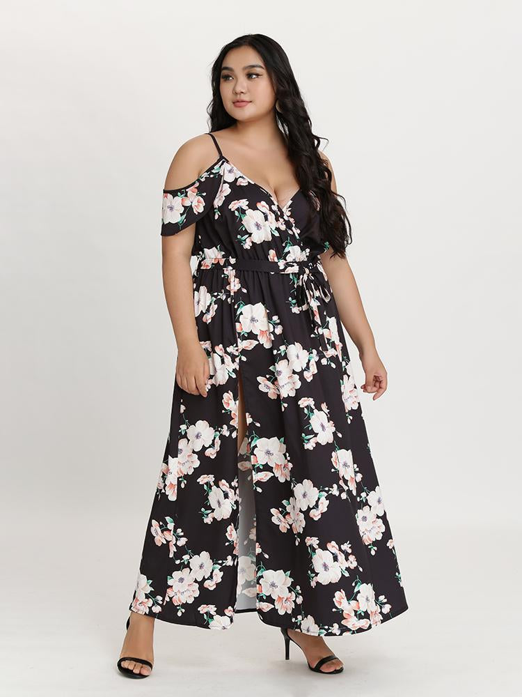 Elegant Women Sling Cold Shoulder V-Neck Floral Print Sexy Maxi Dress