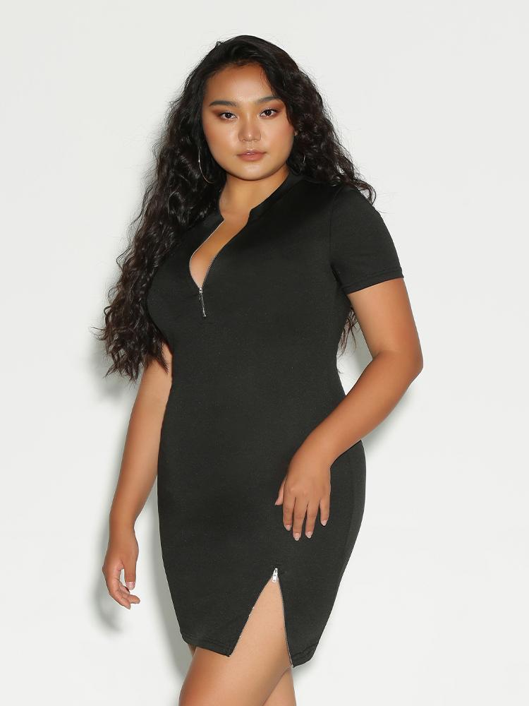 Zipper Hem Neckline Dress