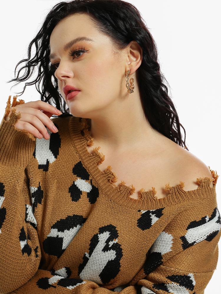 Leopard Print Irregular Edge V-Neck Sweater