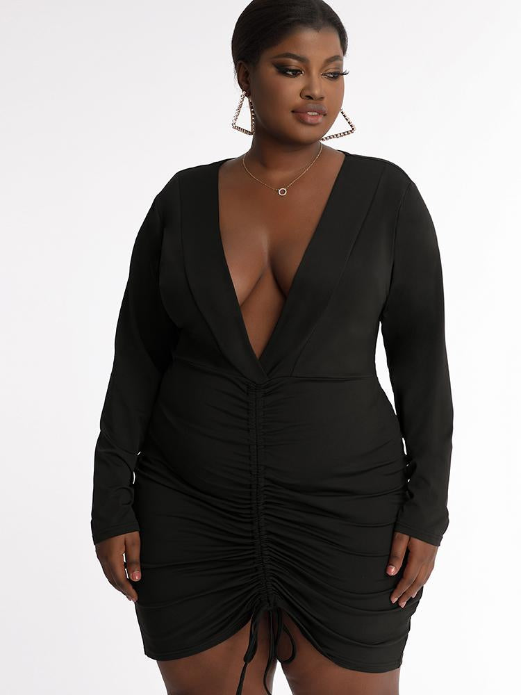 Ruched Plunge Solid Dress