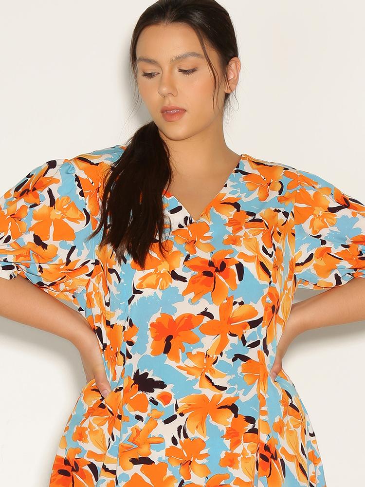 Floral V-Neck Puff Sleeve Dress