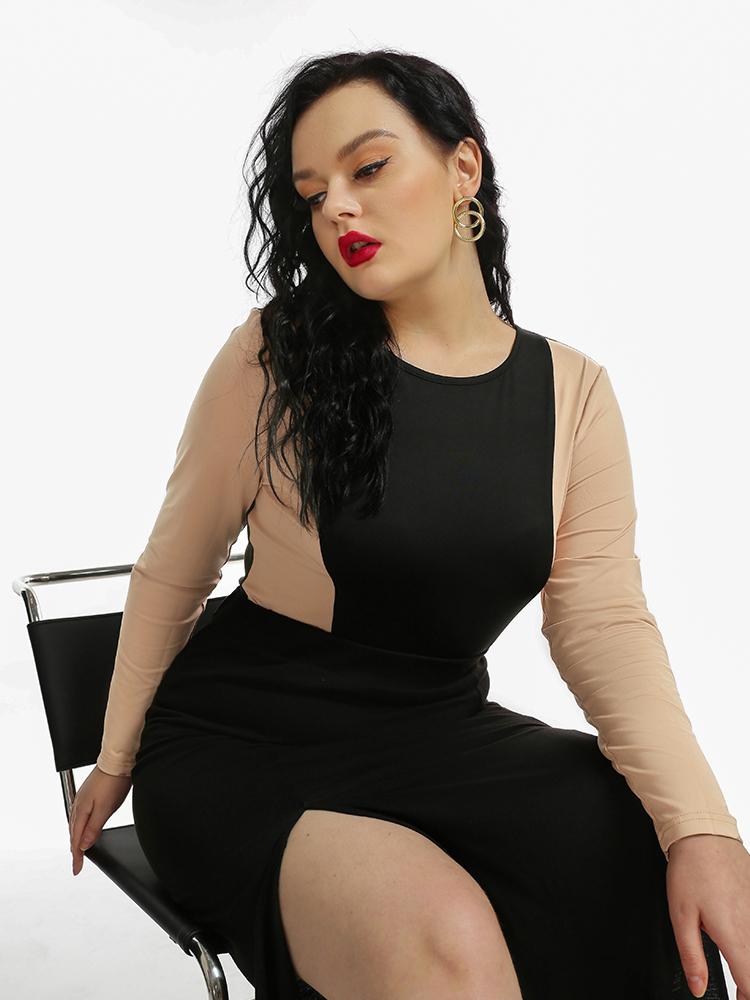 Colorblock Round Neck Long-sleeved T-shirt