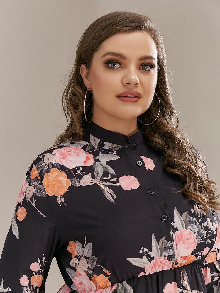 Buttoned Floral Stand-up Collar Dress