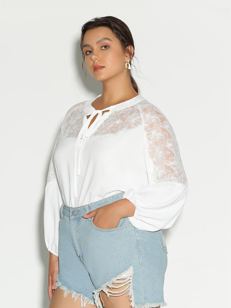 Lace Knotted Notched Blouse