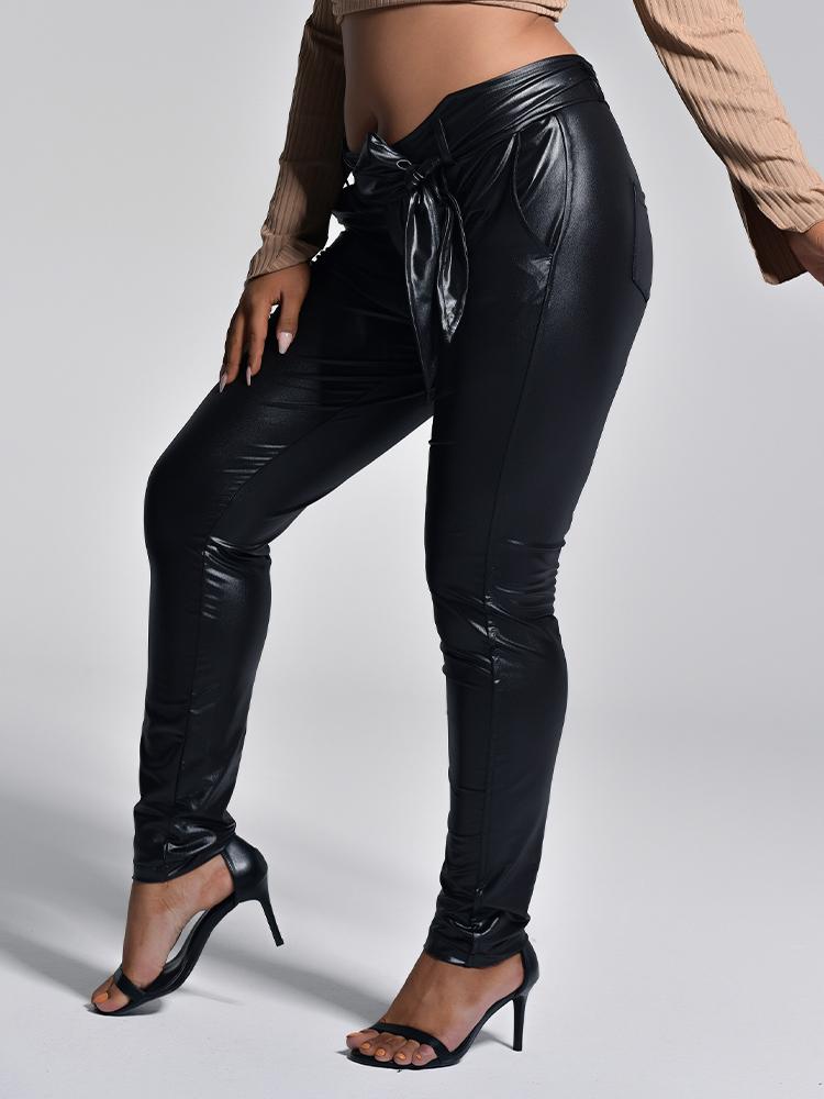 Belt Solid Color PU Pants