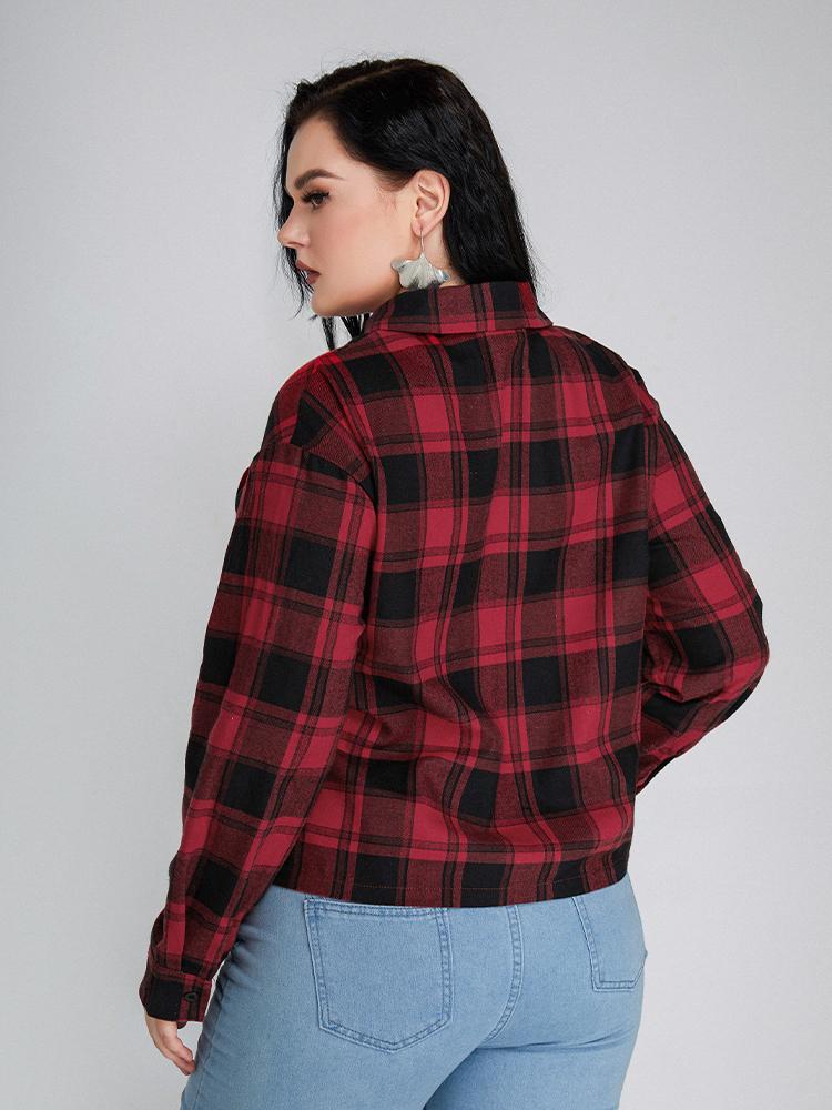 Plaid Pocket Lapel Collar Blouse