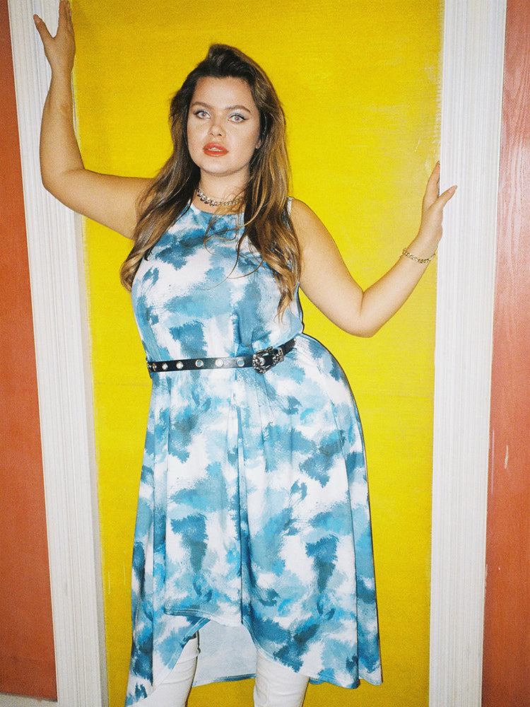 Tie Dye High Low Hem Midi Dress Without Belt