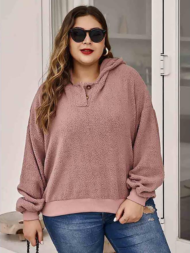 Button Neckline Plush Hoodie