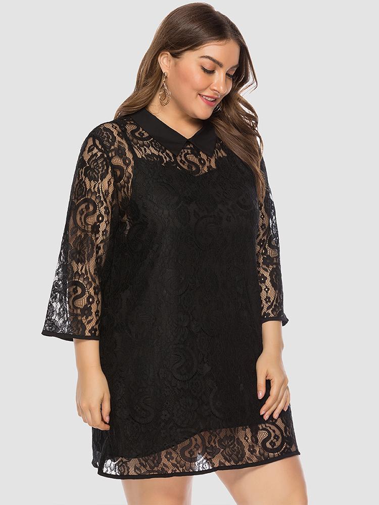 Lace Hollow Out Lapel Dress