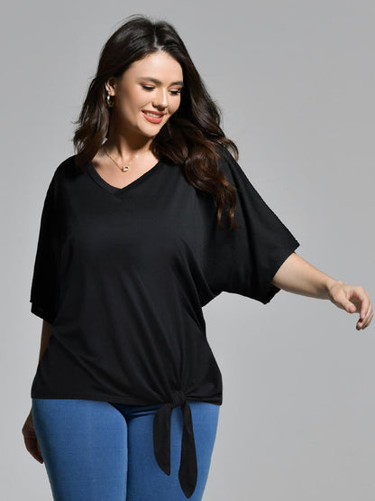 Ties Solid Color Loose V-neck T-shirt