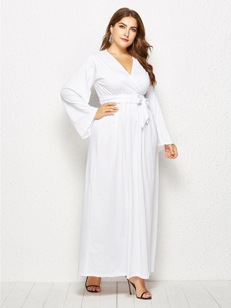 Belt V-neck Solid Color Maxi Dress