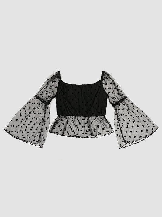 Dot Mesh Ruffle Hem Blouse