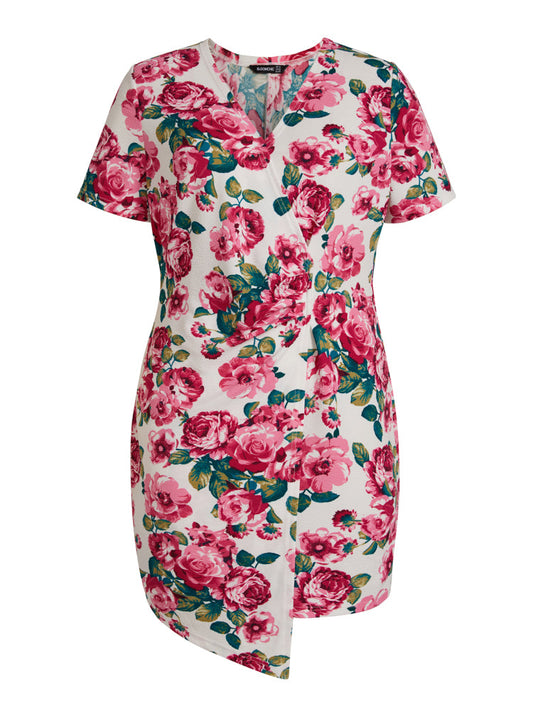 Floral Print Wrap Asymmetrical Hem Short Dress