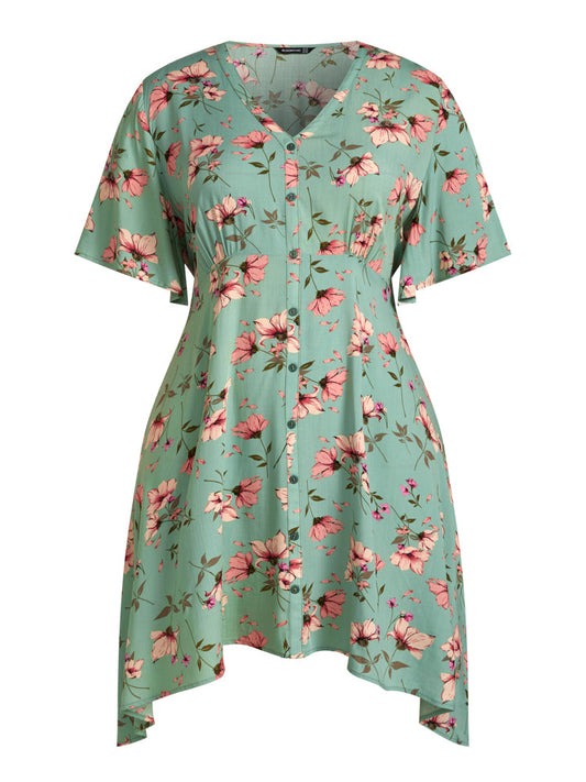 Bloom Dress - Asymmetrical Hem Button Floral Short Dress