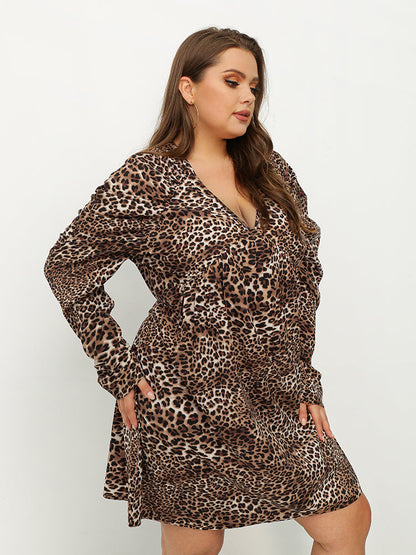 Leopard Print Pleated V-neck Dress