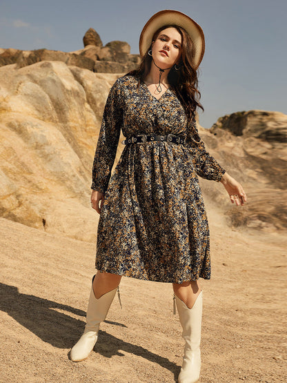 V Neck Ditsy Floral  Dress Without Belt