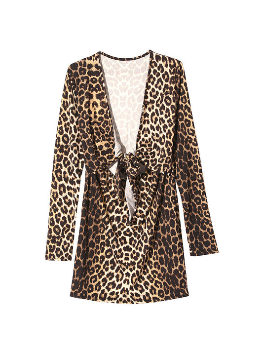 Leopard Ties Belted Deep V-Neck Dress