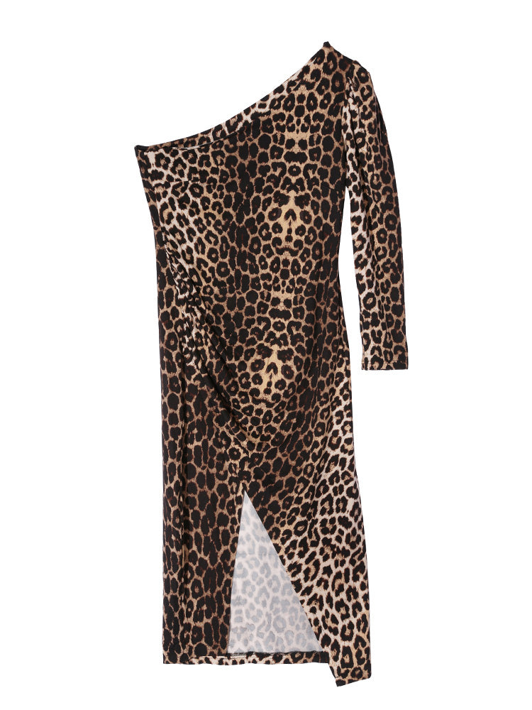 Leopard Split One Shoulder Maxi Dress